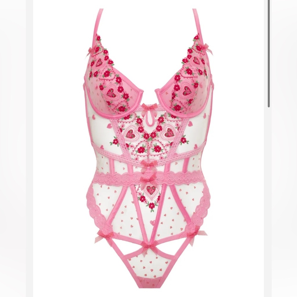 S XL For Love And Lemons Whimsical Garden Teddy Pink with red flowers & hearts